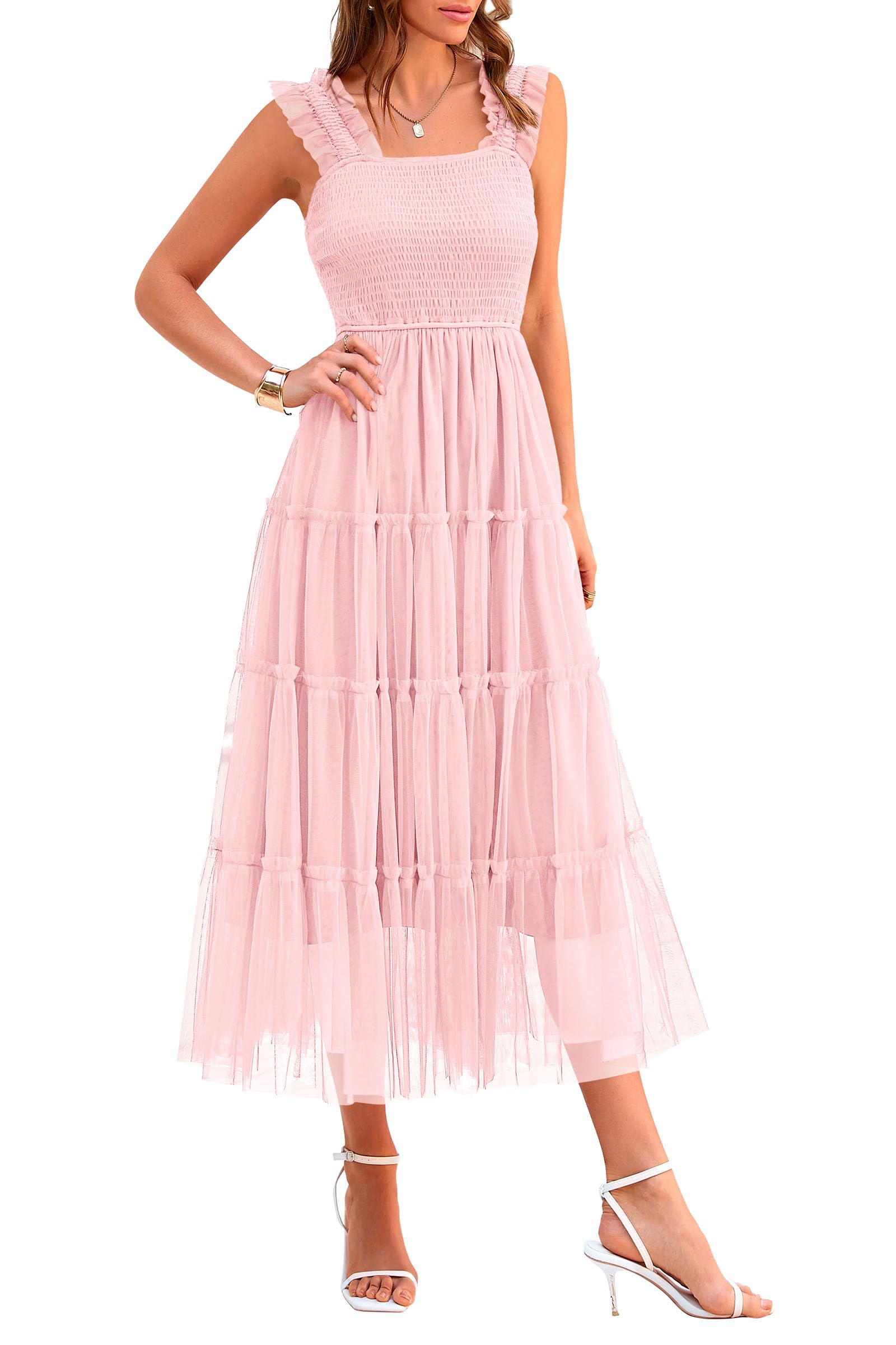 PRETTYGARDEN Women's Summer Tulle Midi Dress Sleeveless Smocked Ruffle Mesh Flowy Dresses Party Wedding Guest Sundress