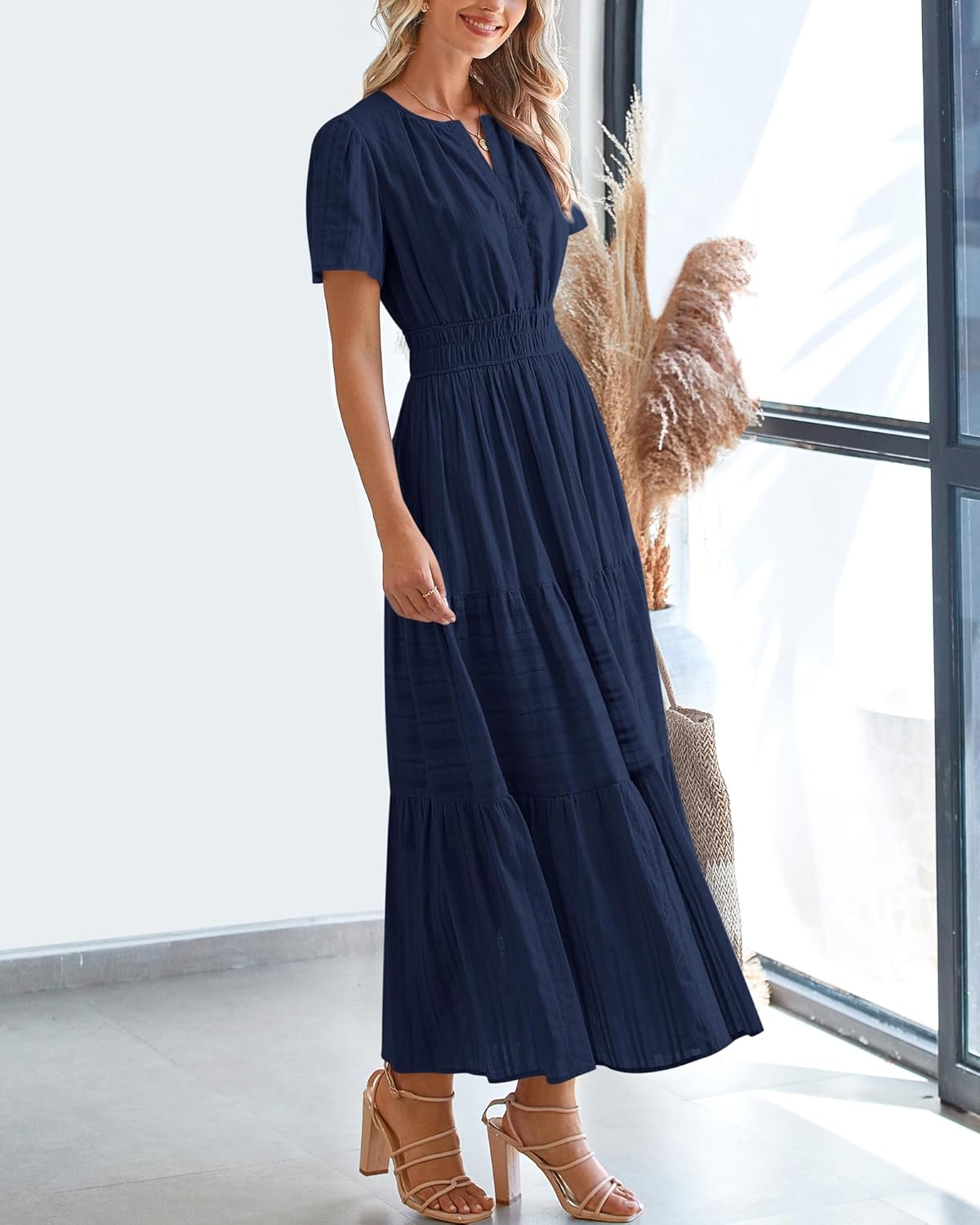 BTFBM Womens Summer 2025 Casual Midi Maxi Dresses Lightweight Short Sleeve V Neck Elastic Waist Boho Beach Dress Pockets