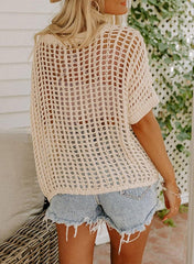 Dokotoo Womens Summer Scoop Neck Short Sleeve Sweater Casual Crochet Hollow Out Knit Tops Pullover Shirts Beach Coverup