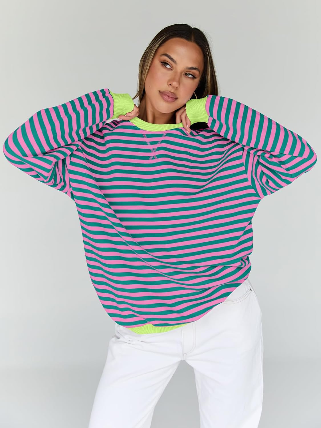Trendy Queen Oversized Sweatshirt for Women 2025 Fall Crewneck Striped Long Sleeve Shirts Hoodies Cute Top Y2K Outfits
