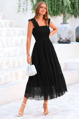 PRETTYGARDEN Women's Summer Tulle Midi Dress Sleeveless Smocked Ruffle Mesh Flowy Dresses Party Wedding Guest Sundress