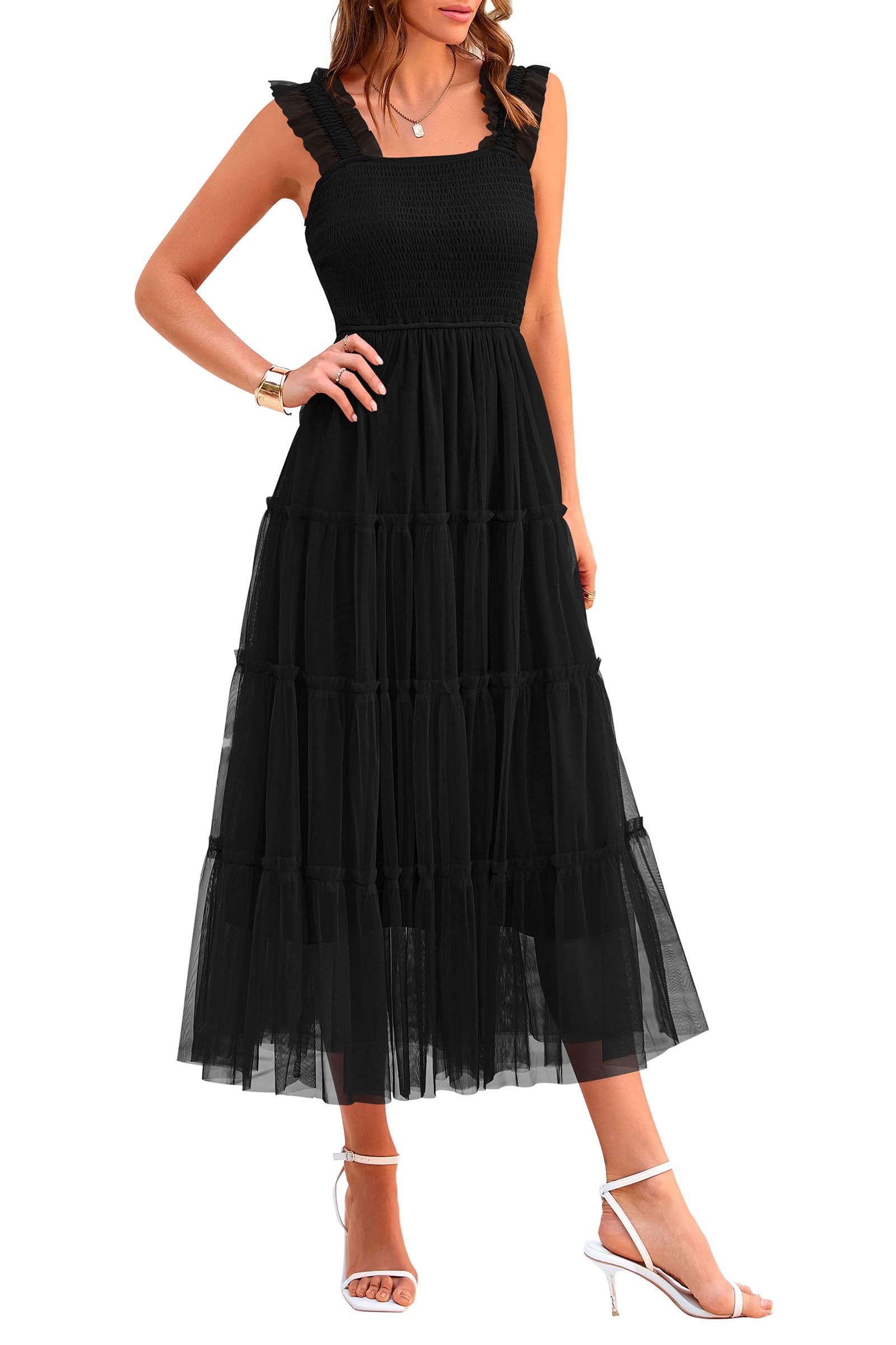 PRETTYGARDEN Women's Summer Tulle Midi Dress Sleeveless Smocked Ruffle Mesh Flowy Dresses Party Wedding Guest Sundress