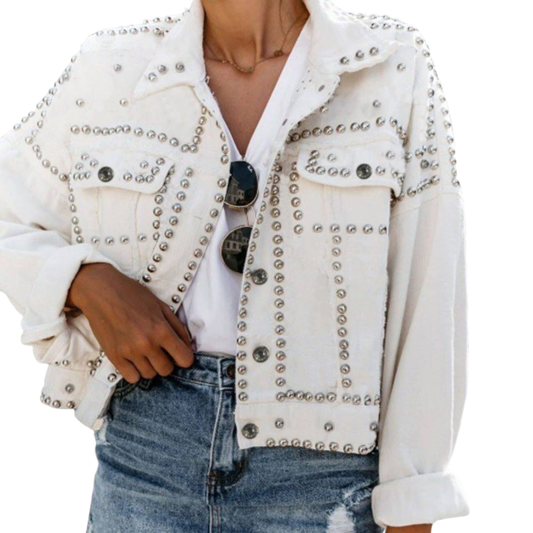 PUWEI Dressy Rivet Studded White Cropped Jean Jacket Women Western Distressed Washed Denim Coat