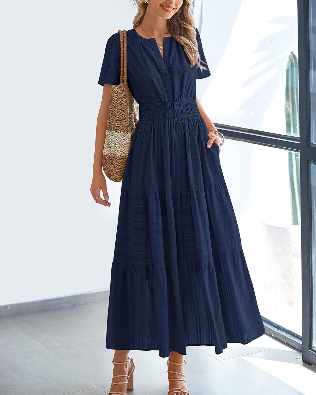 BTFBM Womens Summer 2025 Casual Midi Maxi Dresses Lightweight Short Sleeve V Neck Elastic Waist Boho Beach Dress Pockets