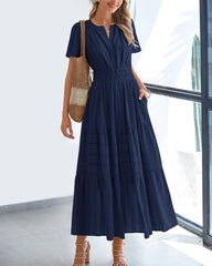 BTFBM Womens Summer 2025 Casual Midi Maxi Dresses Lightweight Short Sleeve V Neck Elastic Waist Boho Beach Dress Pockets