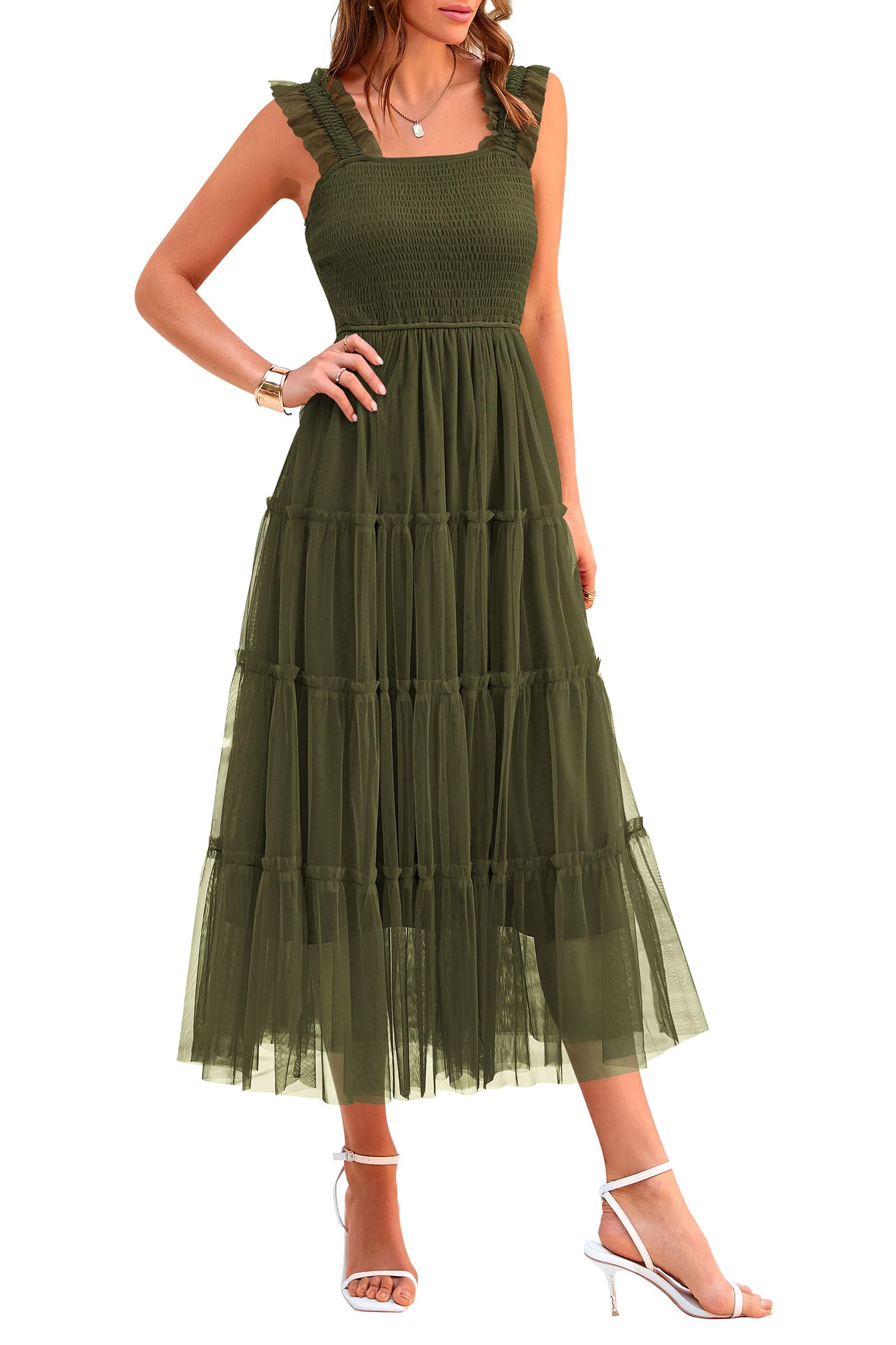 PRETTYGARDEN Women's Summer Tulle Midi Dress Sleeveless Smocked Ruffle Mesh Flowy Dresses Party Wedding Guest Sundress