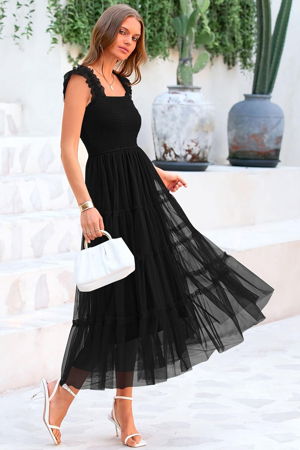 PRETTYGARDEN Women's Summer Tulle Midi Dress Sleeveless Smocked Ruffle Mesh Flowy Dresses Party Wedding Guest Sundress