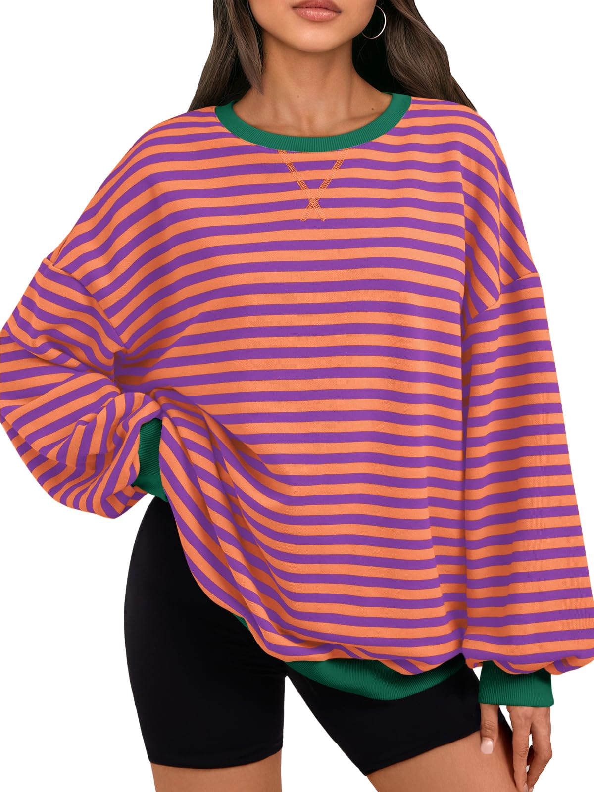 Trendy Queen Oversized Sweatshirt for Women 2025 Fall Crewneck Striped Long Sleeve Shirts Hoodies Cute Top Y2K Outfits