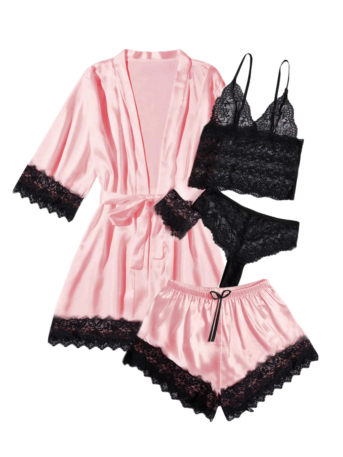 WDIRARA Women' Silk Satin Pajamas Set 4pcs Lingerie Floral Lace Cami Sleepwear with Robe