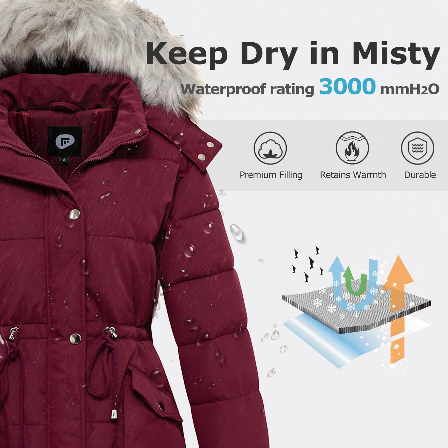 Women's Winter Hooded Coat Waterproof Down Long Jacket Warm Parka Thicken Puffer Coat with Removable Fur Hood