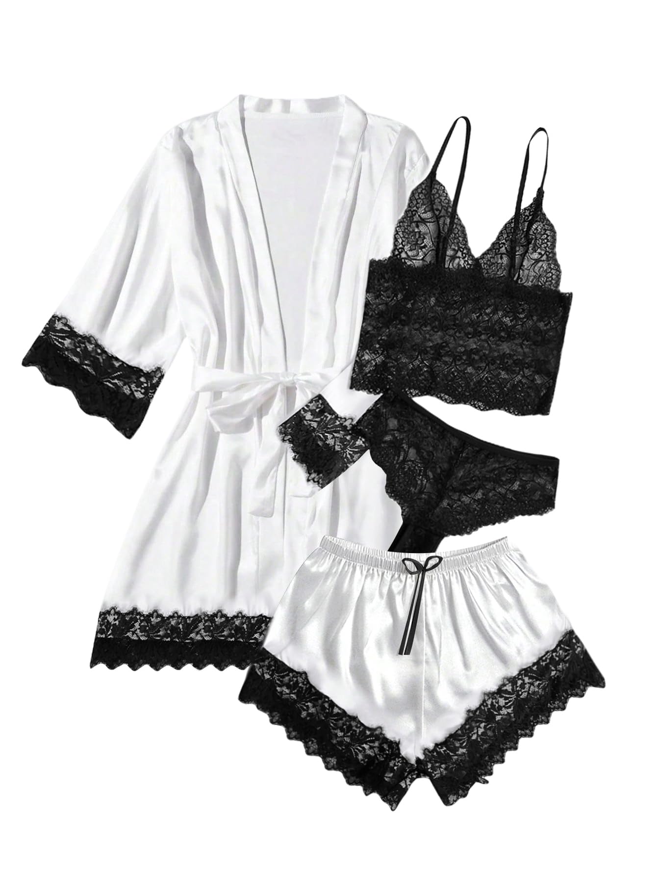 WDIRARA Women' Silk Satin Pajamas Set 4pcs Lingerie Floral Lace Cami Sleepwear with Robe