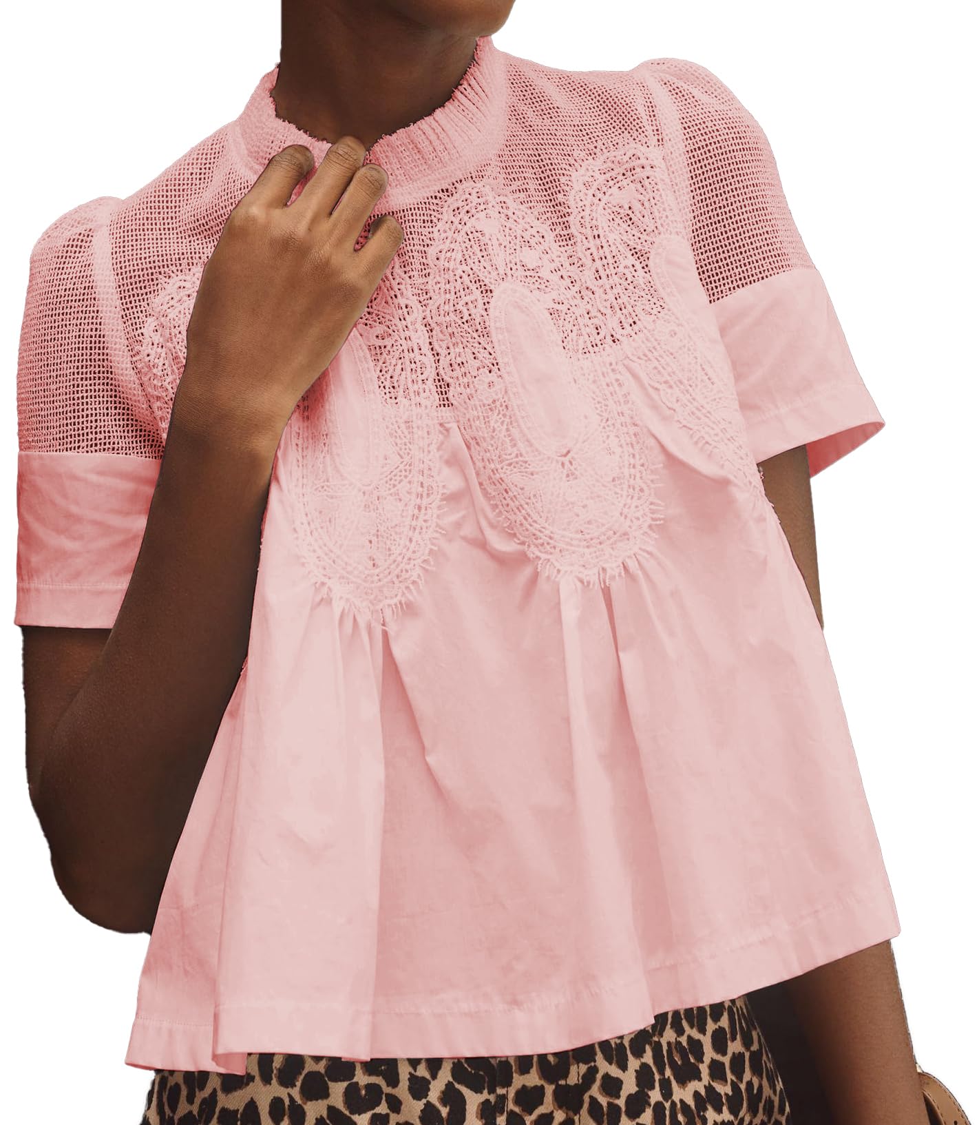 VAOYIU Women Lace-Detail Flared Blouse Short-Sleeve Crew Neck Lace Poplin Mesh Swing Top Elegant Loose Intricate Back Design