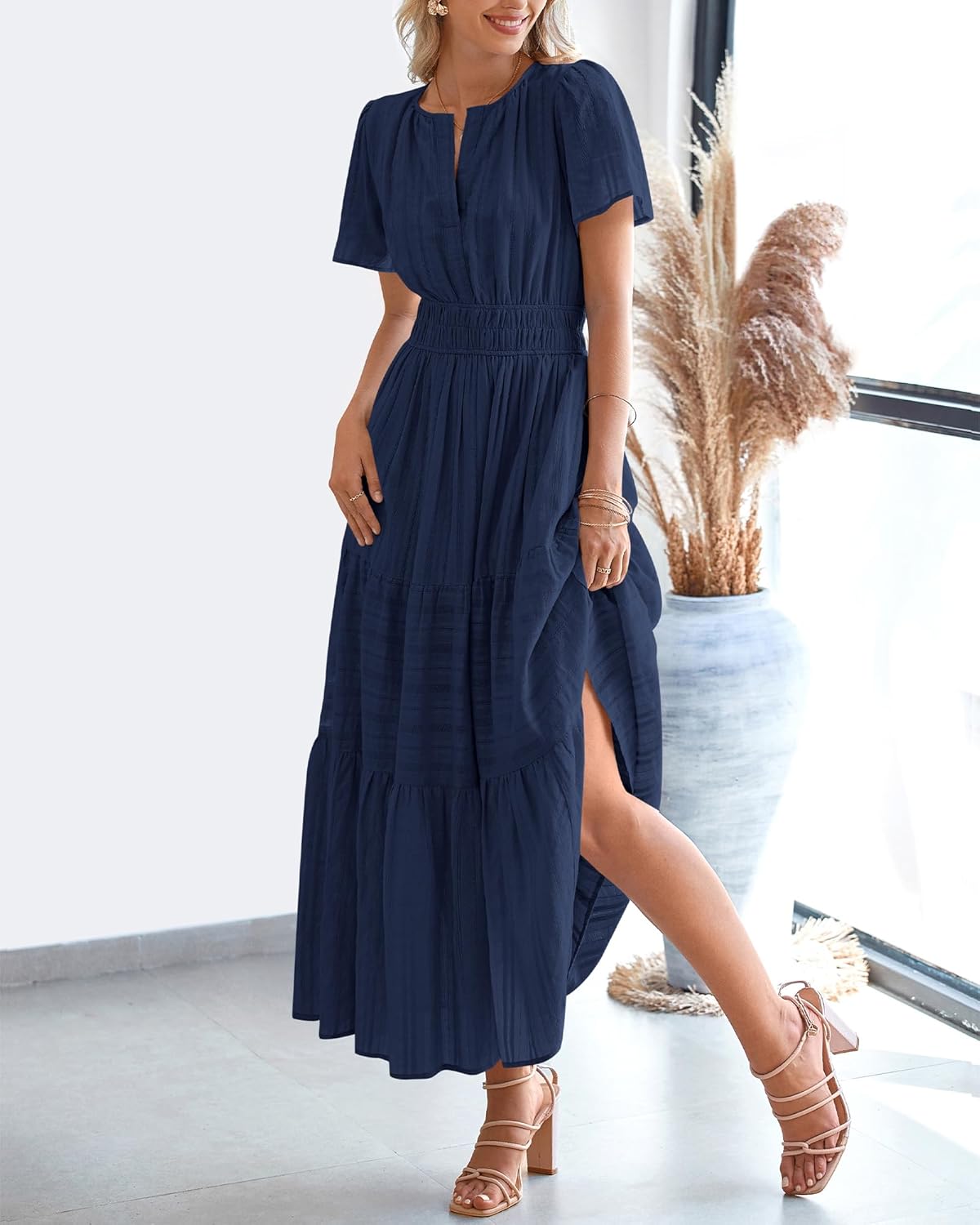 BTFBM Womens Summer 2025 Casual Midi Maxi Dresses Lightweight Short Sleeve V Neck Elastic Waist Boho Beach Dress Pockets