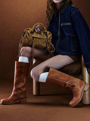 Coutgo Women's Knee High Boots Square Toe Chunky Block Heel Tall Boots Comfortable Low Heel Shoes