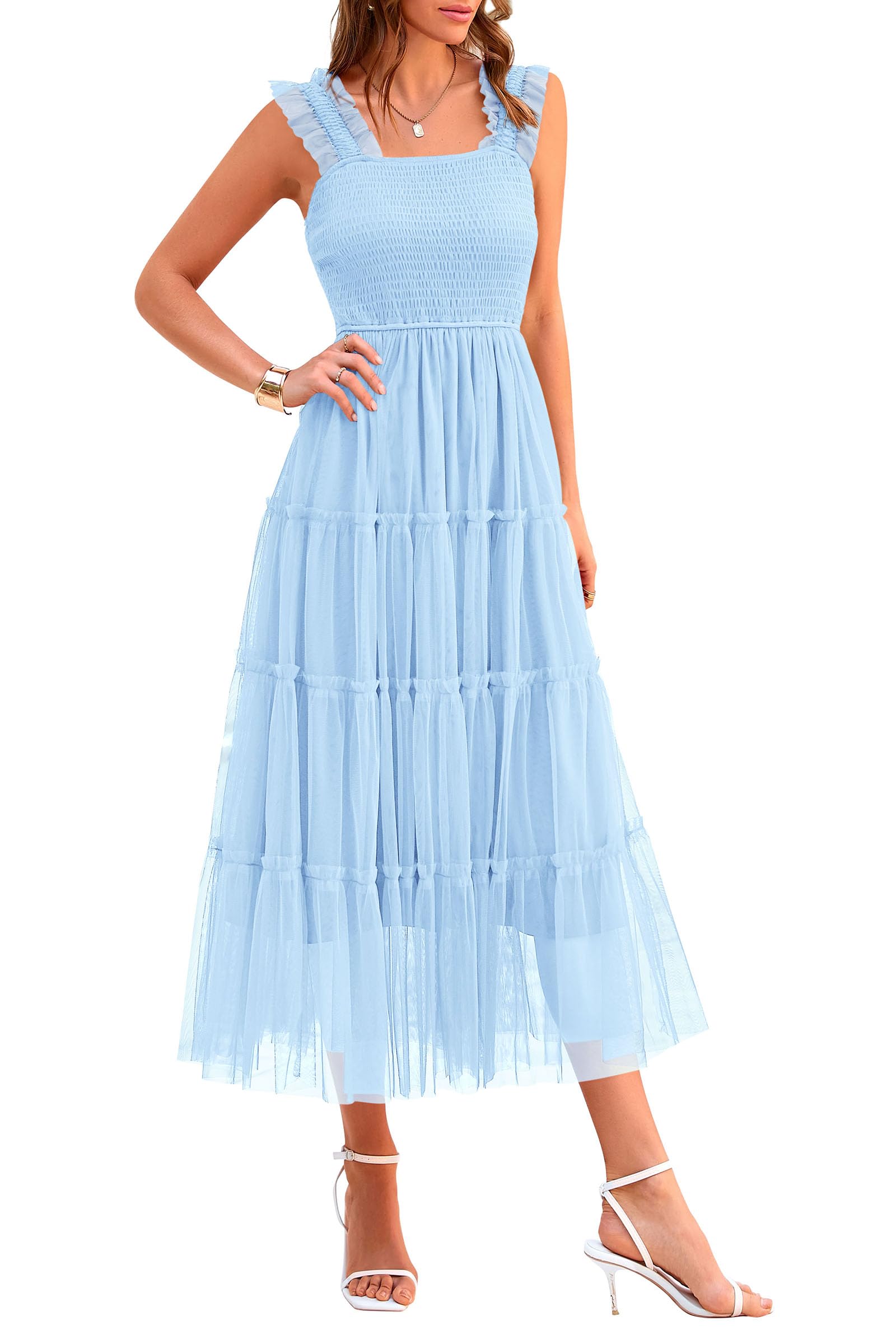 PRETTYGARDEN Women's Summer Tulle Midi Dress Sleeveless Smocked Ruffle Mesh Flowy Dresses Party Wedding Guest Sundress