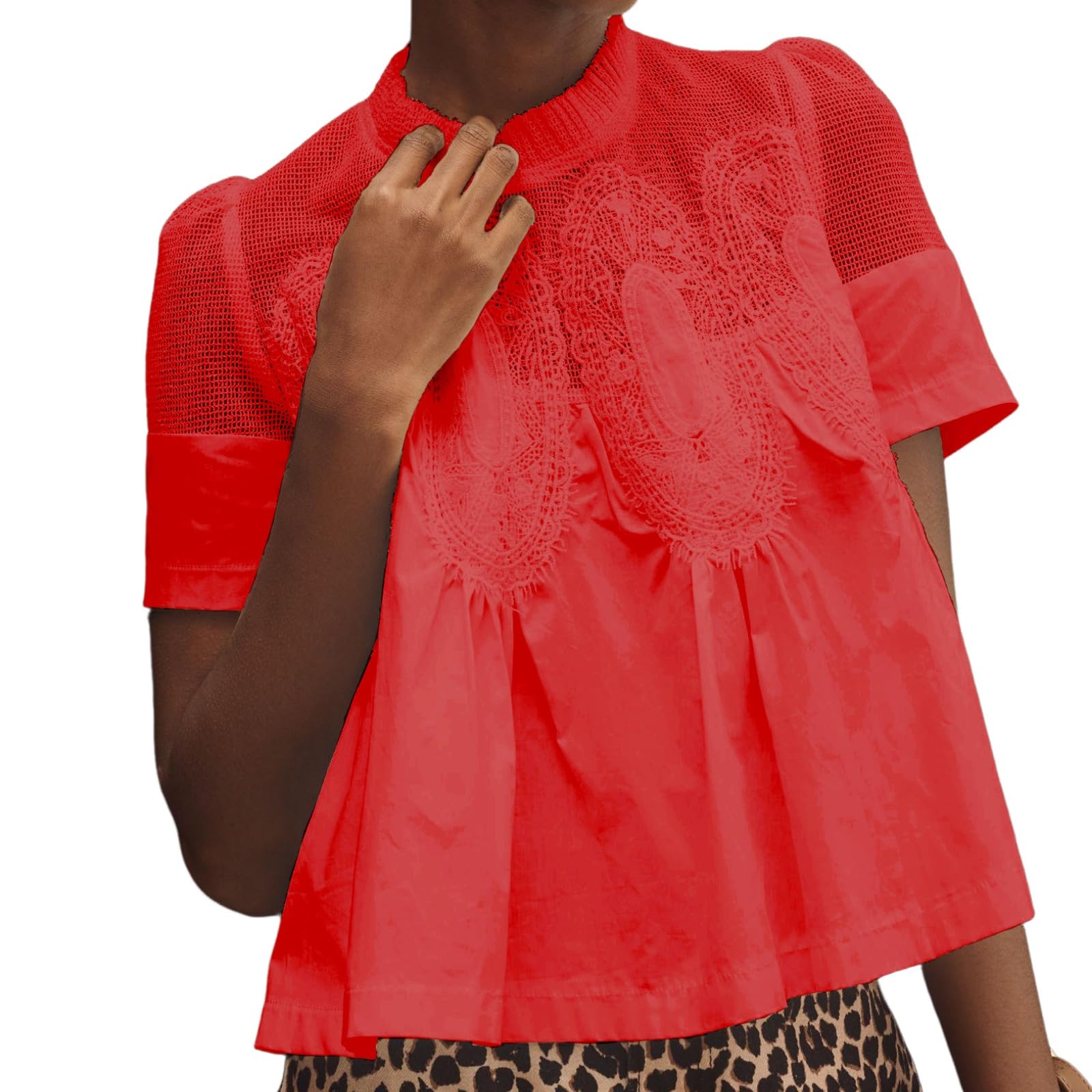 VAOYIU Women Lace-Detail Flared Blouse Short-Sleeve Crew Neck Lace Poplin Mesh Swing Top Elegant Loose Intricate Back Design