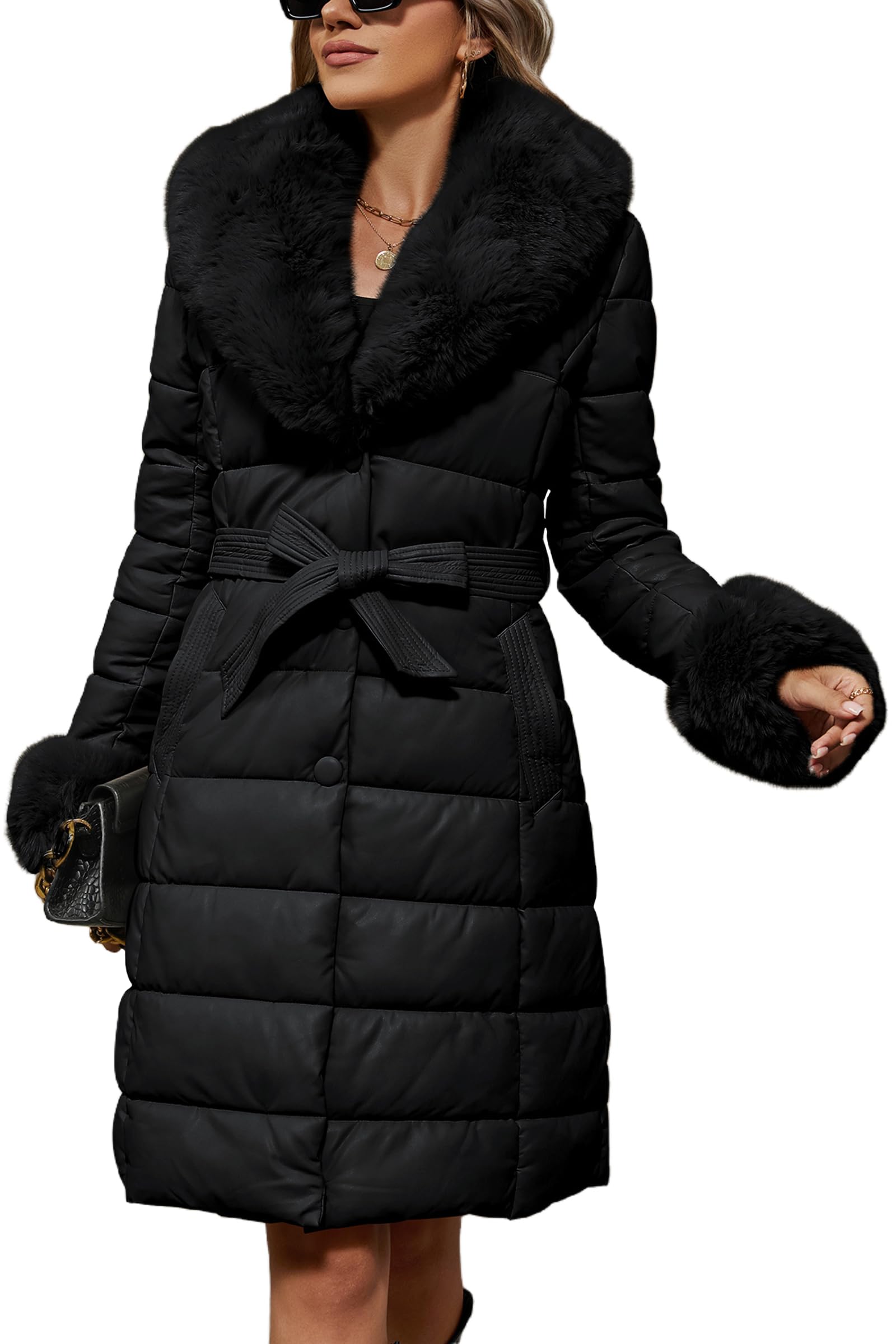 Bellivera Women's Winter Puffer Jacket Cold-Resistant Patchwork Plush Lining Coat with Removable Fur Collar Hooded and Belted