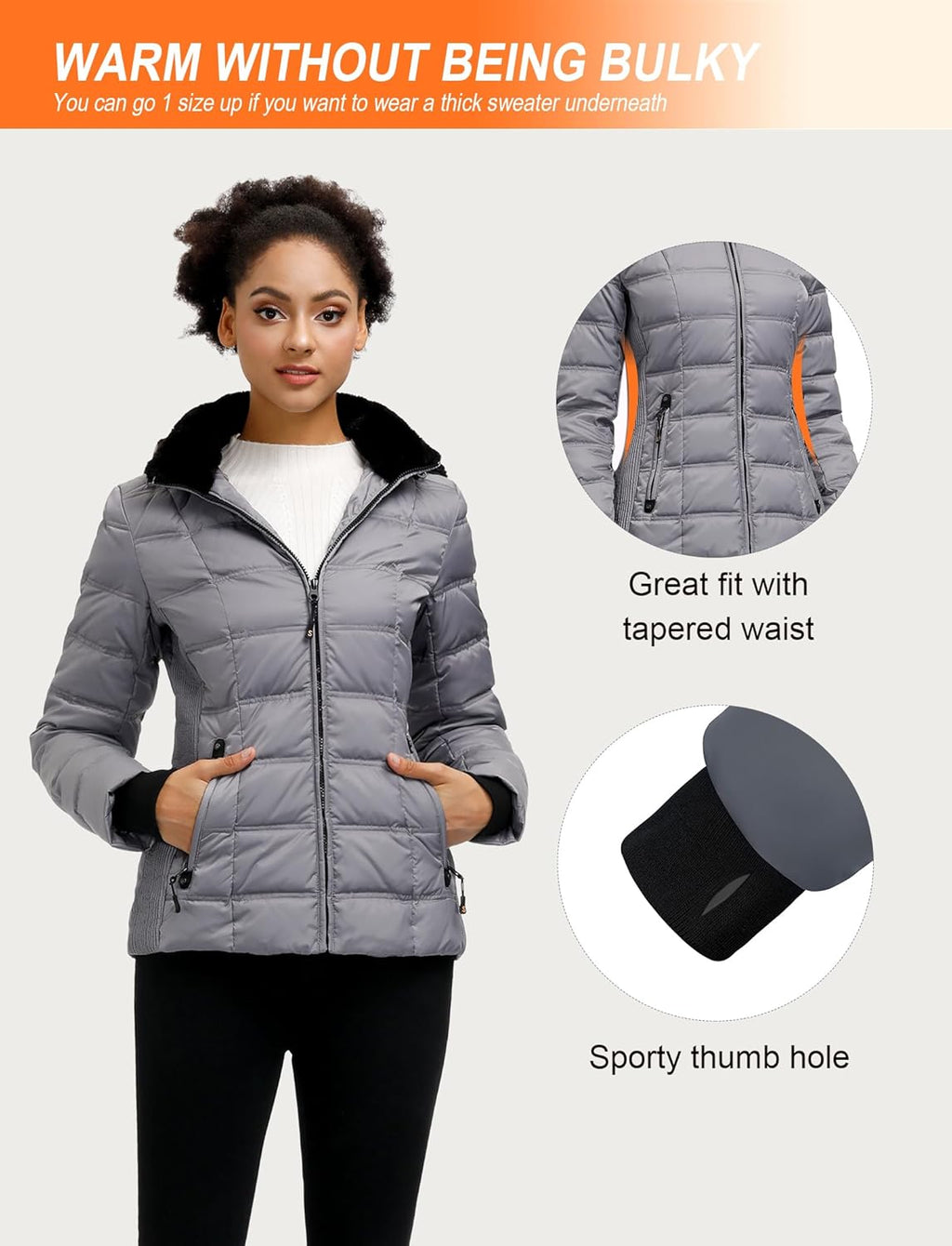 SLOW DOWN Women Down Puffer Jacket Warm Hooded Winter Down Puffer Coat with Faux-Fur Hood & Collar