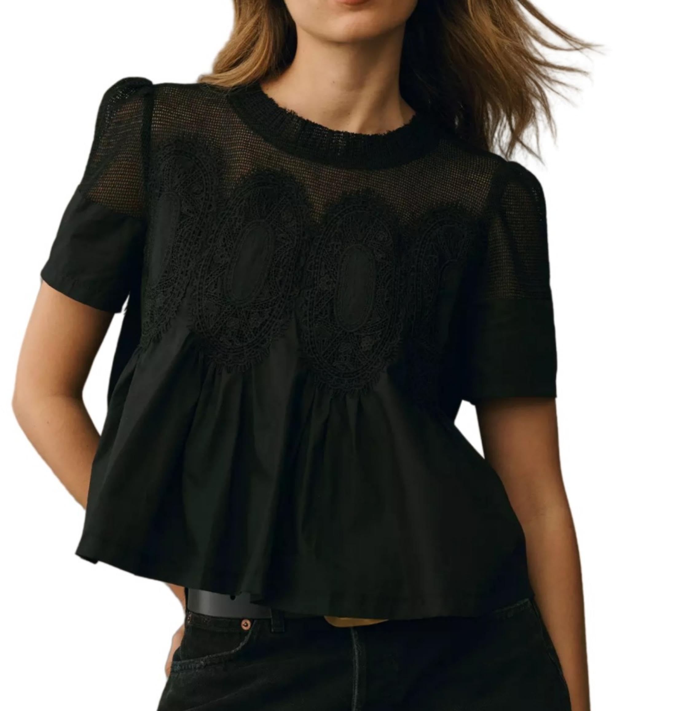 VAOYIU Women Lace-Detail Flared Blouse Short-Sleeve Crew Neck Lace Poplin Mesh Swing Top Elegant Loose Intricate Back Design