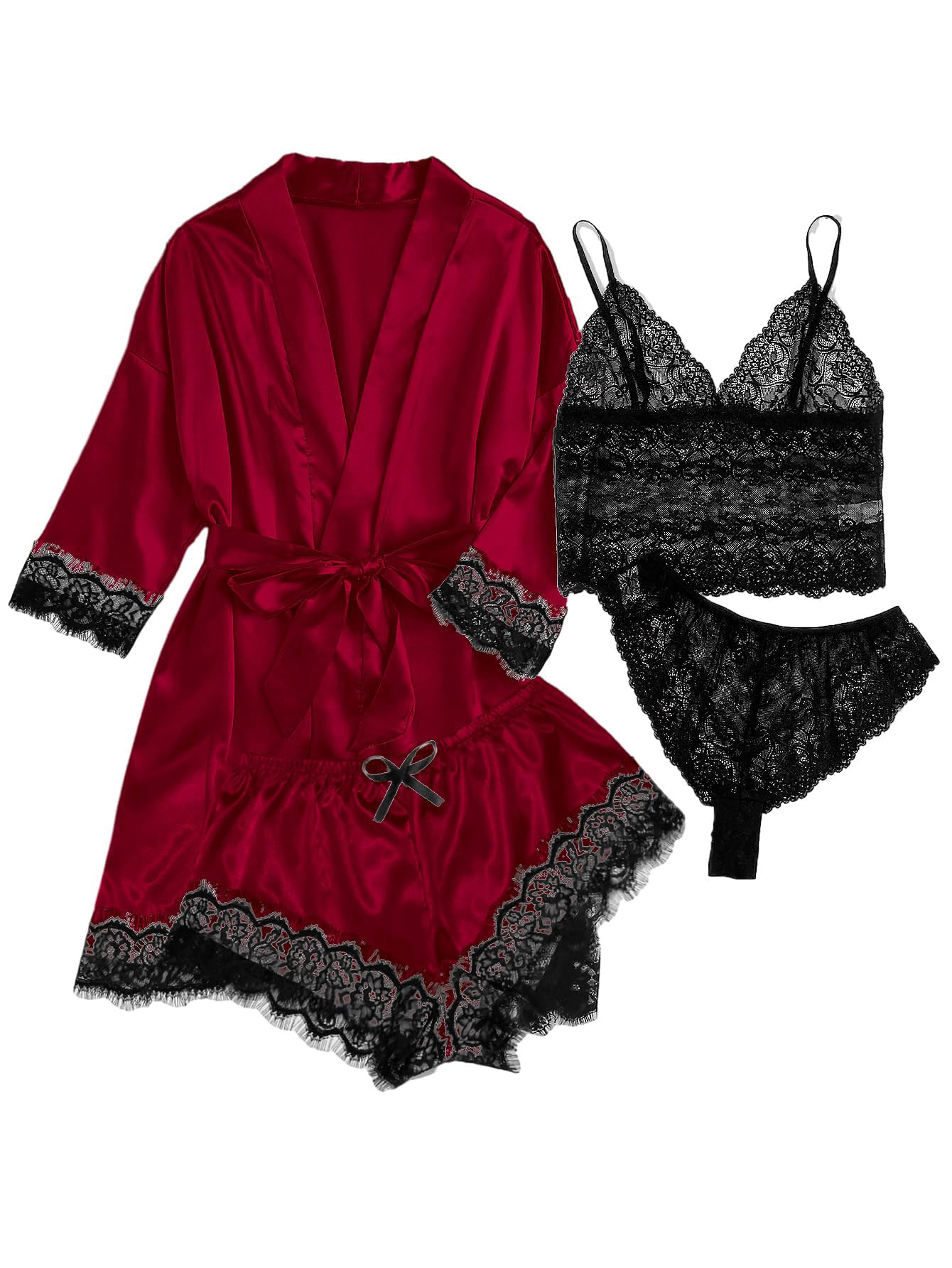 WDIRARA Women' Silk Satin Pajamas Set 4pcs Lingerie Floral Lace Cami Sleepwear with Robe