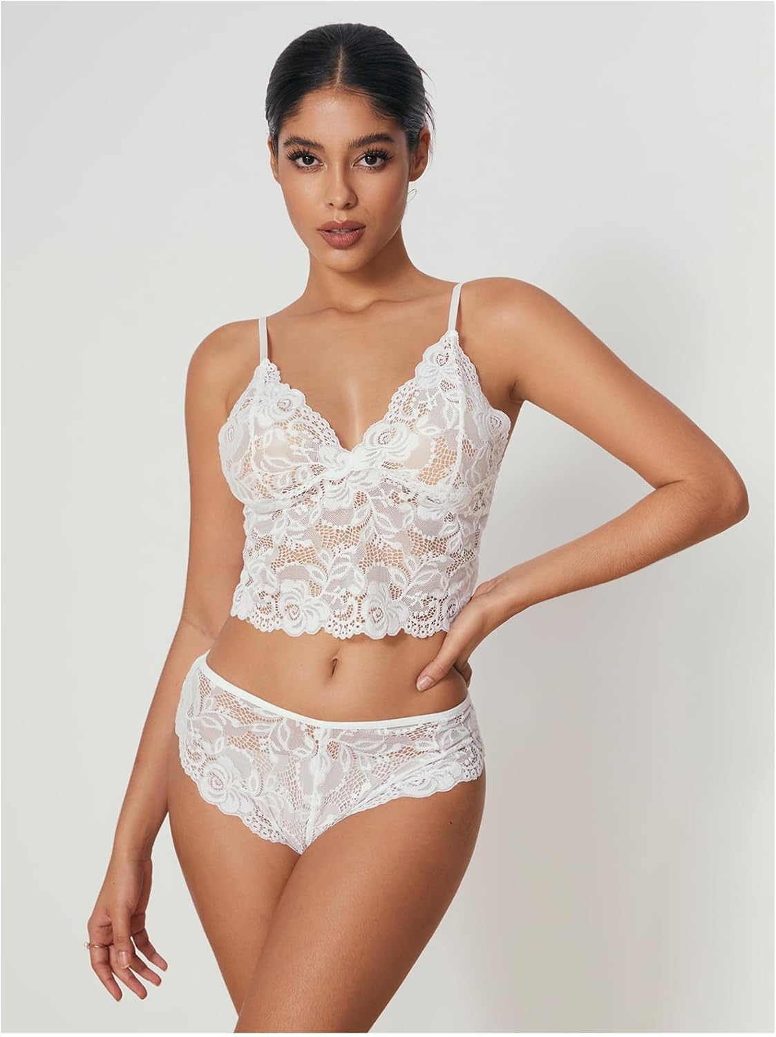 WDIRARA Women' Silk Satin Pajamas Set 4pcs Lingerie Floral Lace Cami Sleepwear with Robe