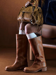 Coutgo Women's Knee High Boots Square Toe Chunky Block Heel Tall Boots Comfortable Low Heel Shoes