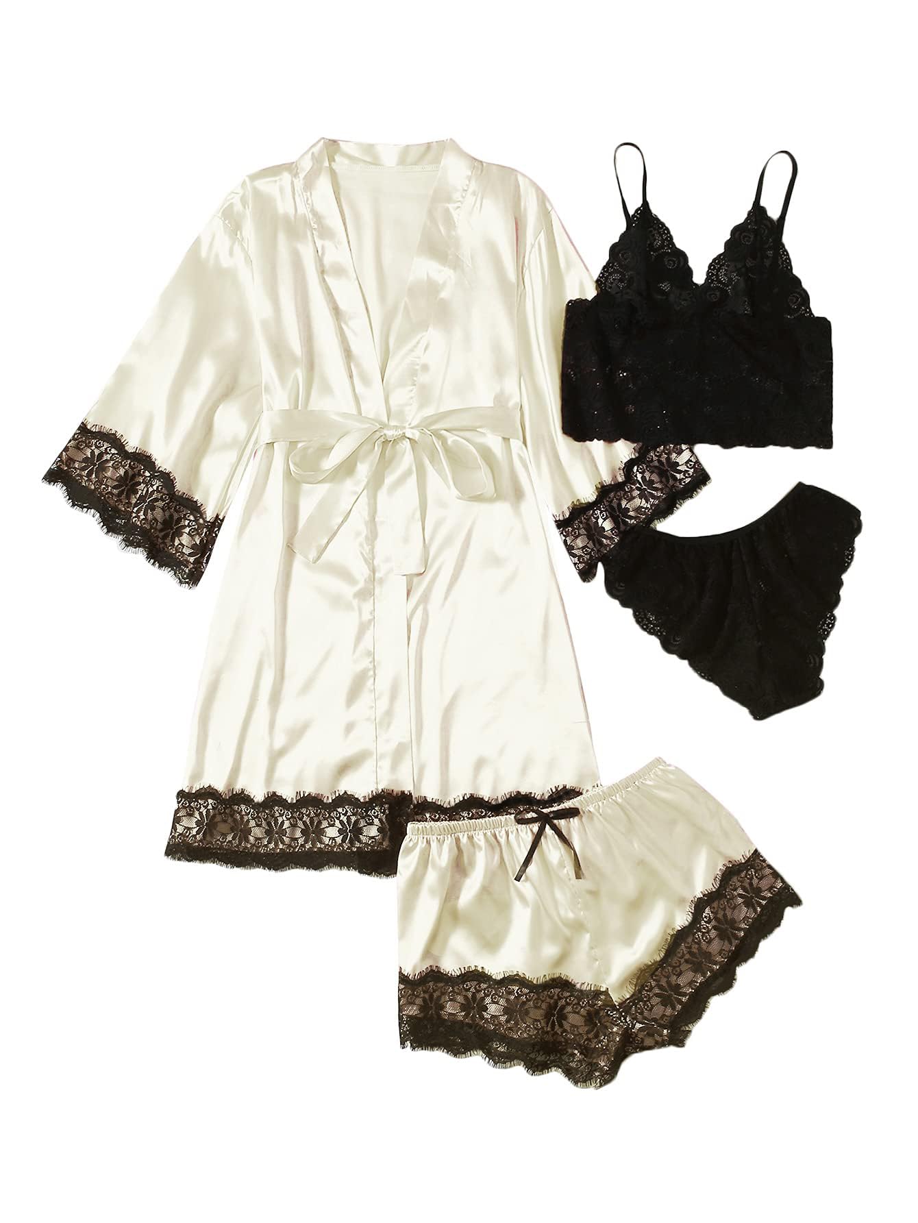 WDIRARA Women' Silk Satin Pajamas Set 4pcs Lingerie Floral Lace Cami Sleepwear with Robe