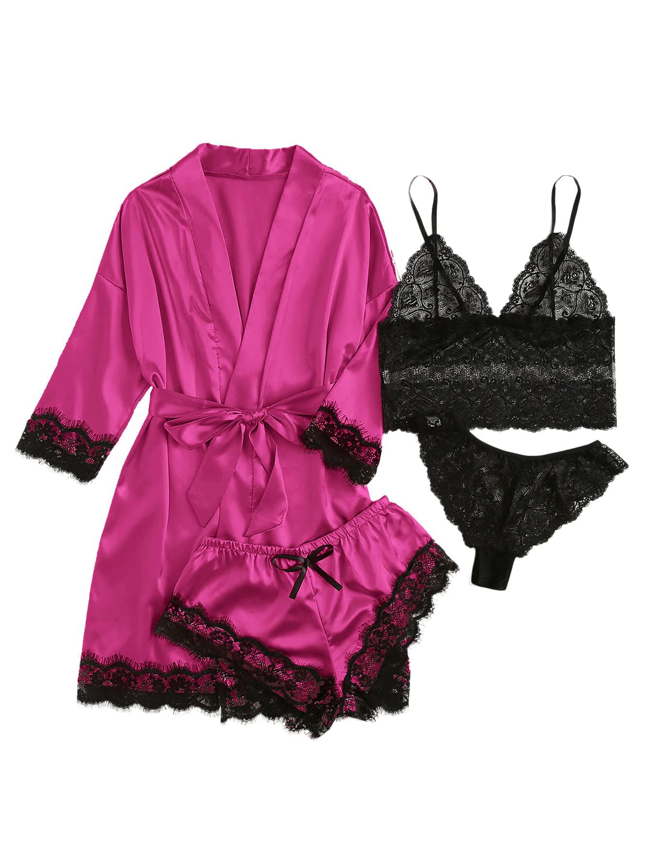 WDIRARA Women' Silk Satin Pajamas Set 4pcs Lingerie Floral Lace Cami Sleepwear with Robe