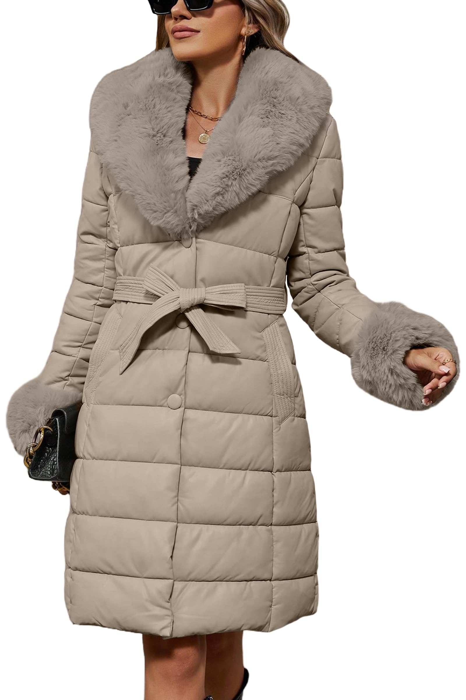 Bellivera Women's Winter Puffer Jacket Cold-Resistant Patchwork Plush Lining Coat with Removable Fur Collar Hooded and Belted