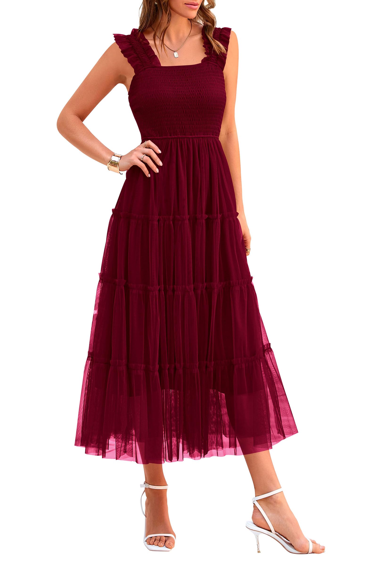 PRETTYGARDEN Women's Summer Tulle Midi Dress Sleeveless Smocked Ruffle Mesh Flowy Dresses Party Wedding Guest Sundress