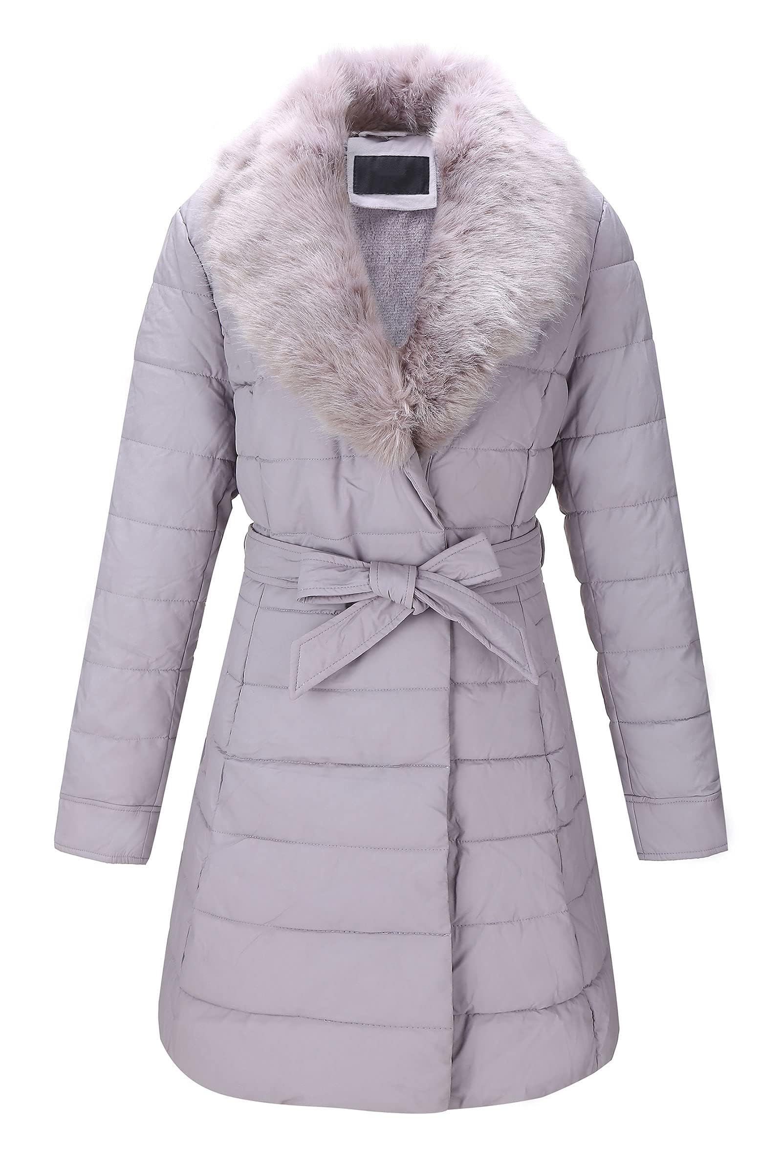 Bellivera Women's Winter Puffer Jacket Cold-Resistant Patchwork Plush Lining Coat with Removable Fur Collar Hooded and Belted