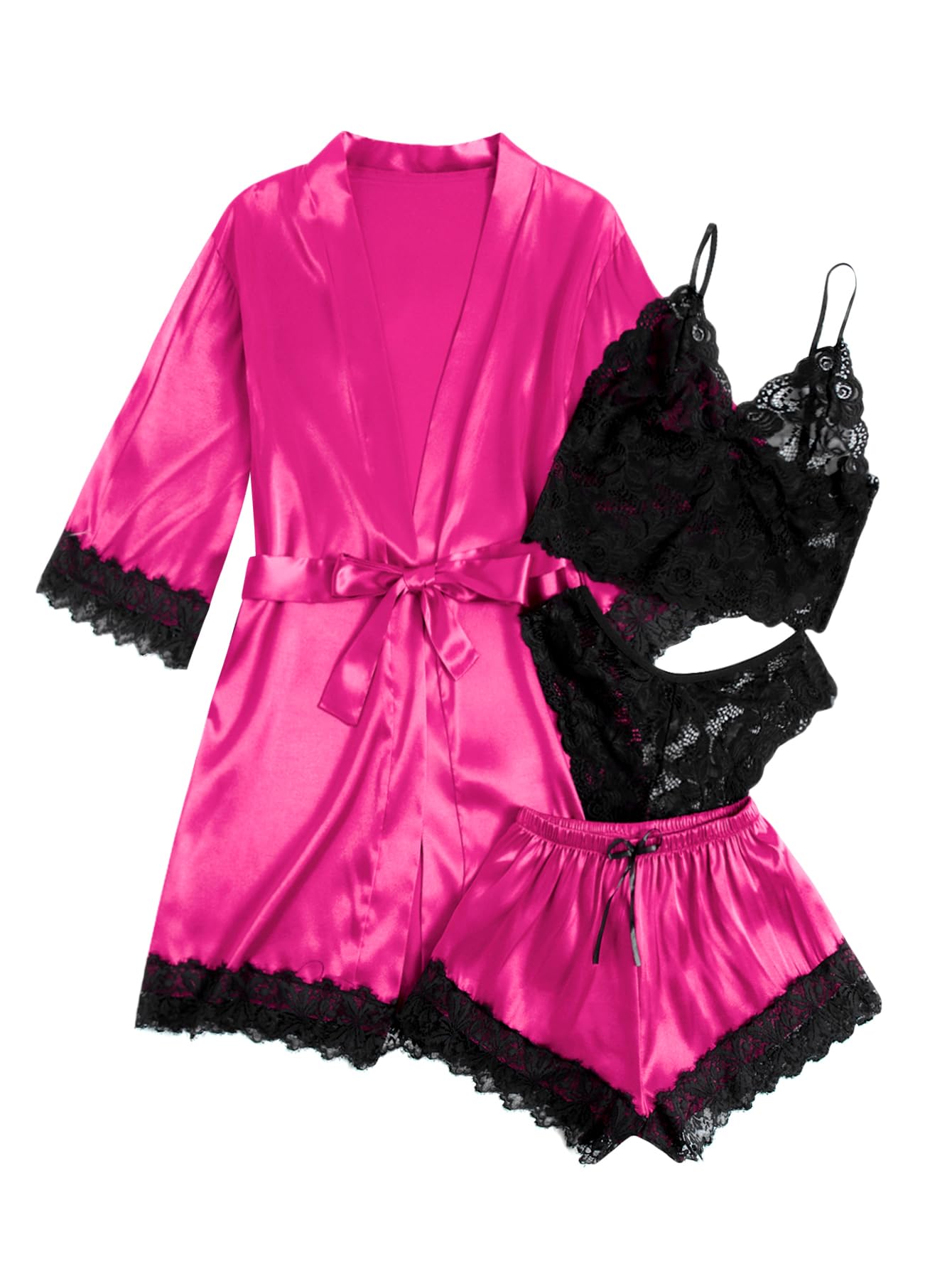 WDIRARA Women' Silk Satin Pajamas Set 4pcs Lingerie Floral Lace Cami Sleepwear with Robe