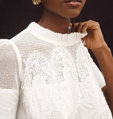 VAOYIU Women Lace-Detail Flared Blouse Short-Sleeve Crew Neck Lace Poplin Mesh Swing Top Elegant Loose Intricate Back Design