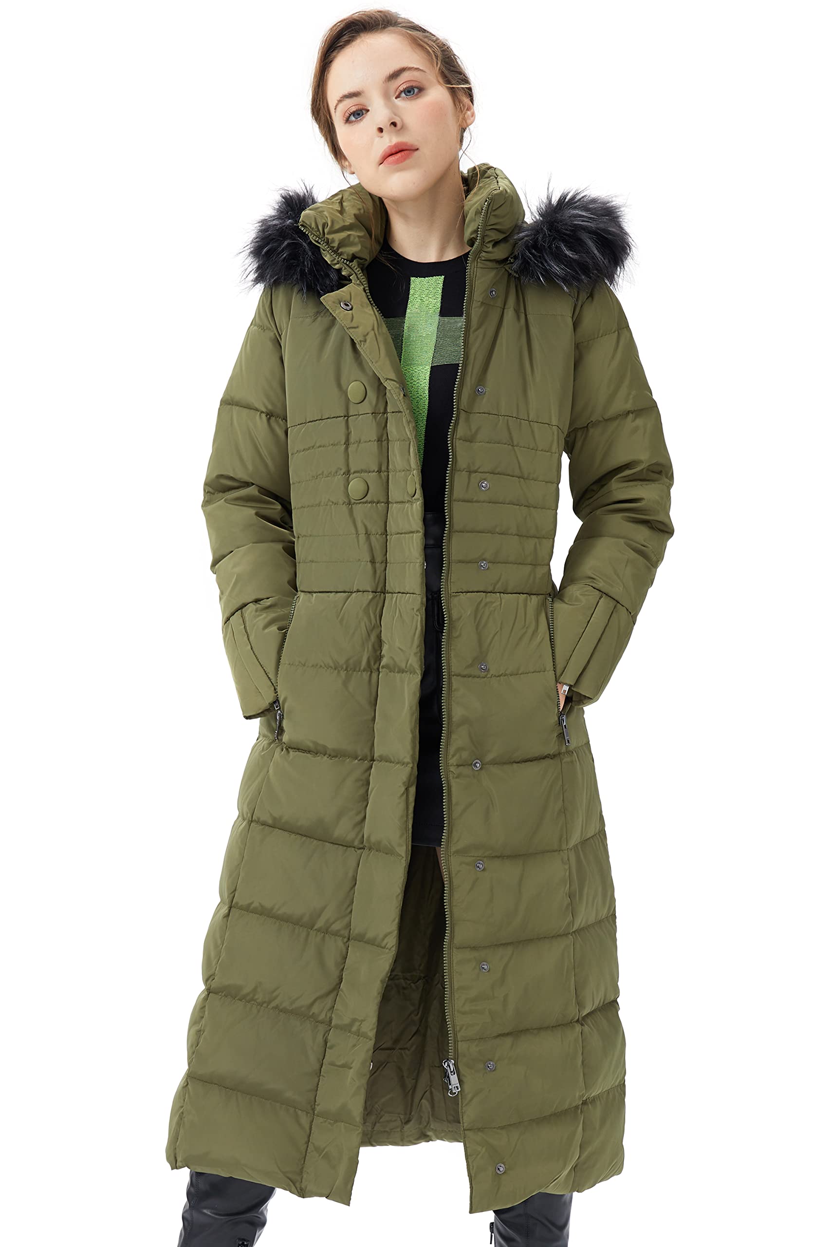 Orolay Women Warm Down Jacket with Hood Fur Long Puffer Coat