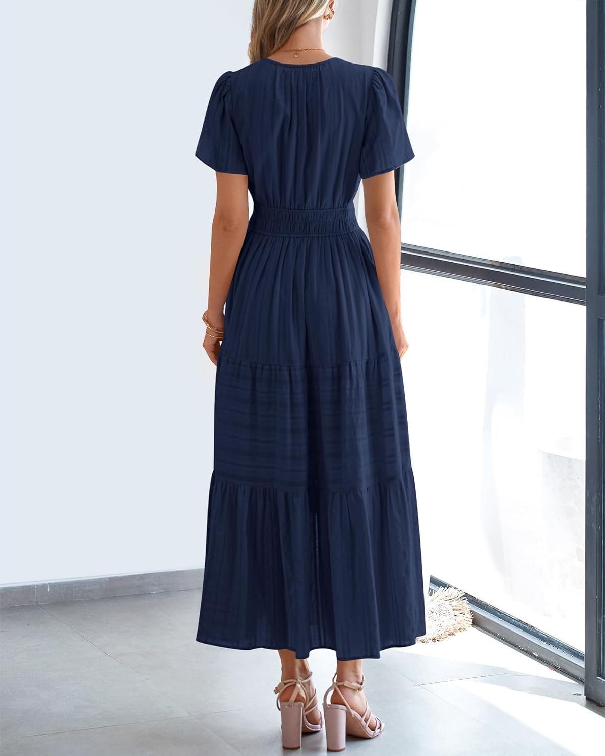 BTFBM Womens Summer 2025 Casual Midi Maxi Dresses Lightweight Short Sleeve V Neck Elastic Waist Boho Beach Dress Pockets