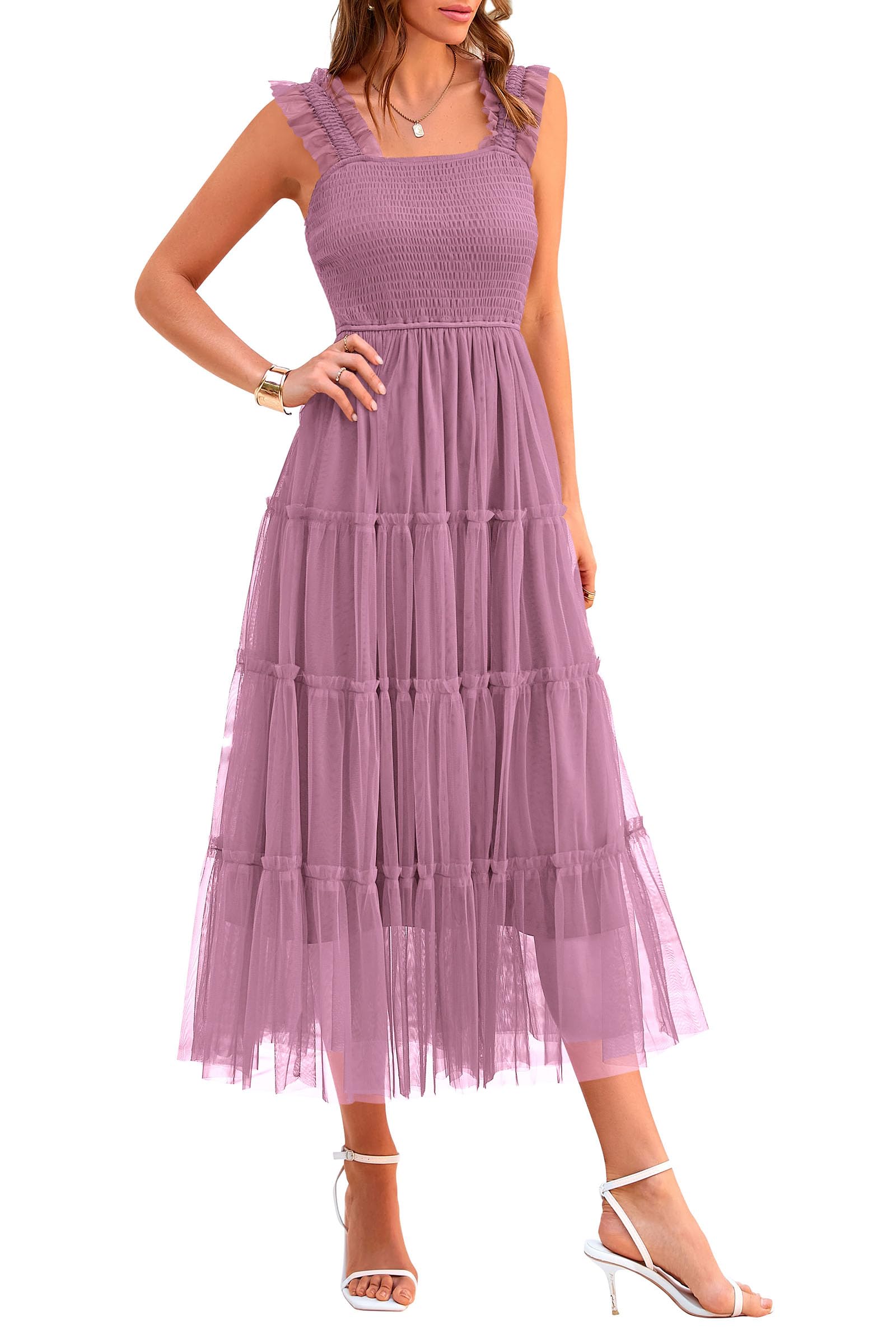 PRETTYGARDEN Women's Summer Tulle Midi Dress Sleeveless Smocked Ruffle Mesh Flowy Dresses Party Wedding Guest Sundress