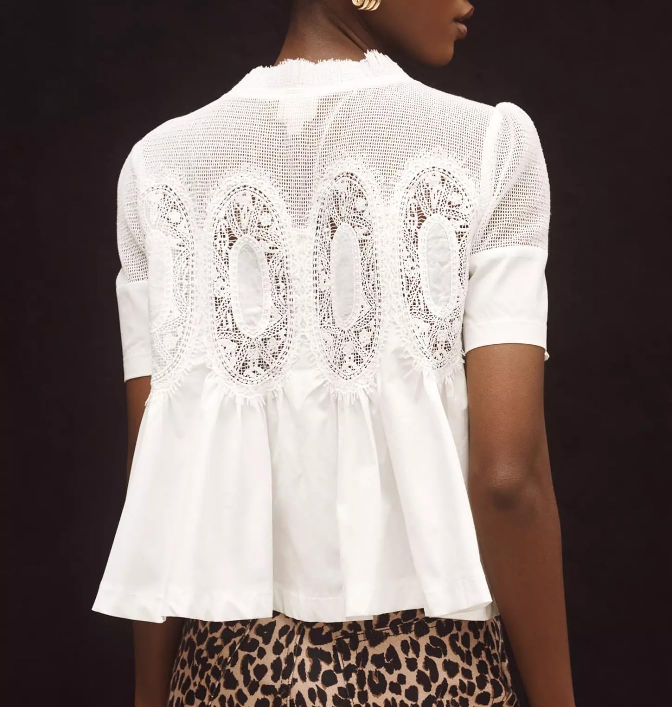 VAOYIU Women Lace-Detail Flared Blouse Short-Sleeve Crew Neck Lace Poplin Mesh Swing Top Elegant Loose Intricate Back Design