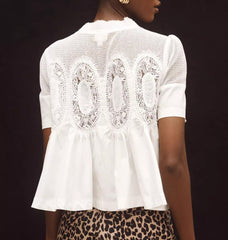 VAOYIU Women Lace-Detail Flared Blouse Short-Sleeve Crew Neck Lace Poplin Mesh Swing Top Elegant Loose Intricate Back Design