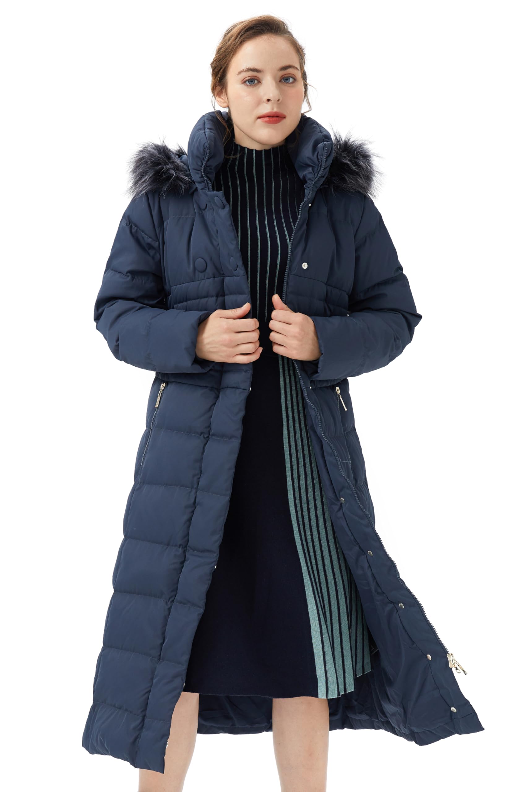 Orolay Women Warm Down Jacket with Hood Fur Long Puffer Coat