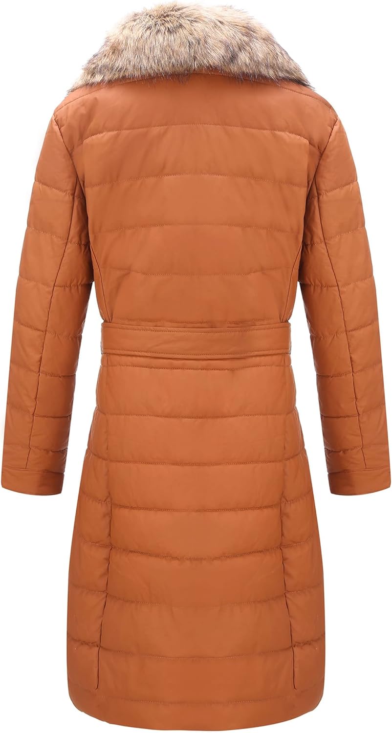 Bellivera Women's Winter Puffer Jacket Cold-Resistant Patchwork Plush Lining Coat with Removable Fur Collar Hooded and Belted