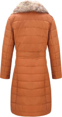 Bellivera Women's Winter Puffer Jacket Cold-Resistant Patchwork Plush Lining Coat with Removable Fur Collar Hooded and Belted