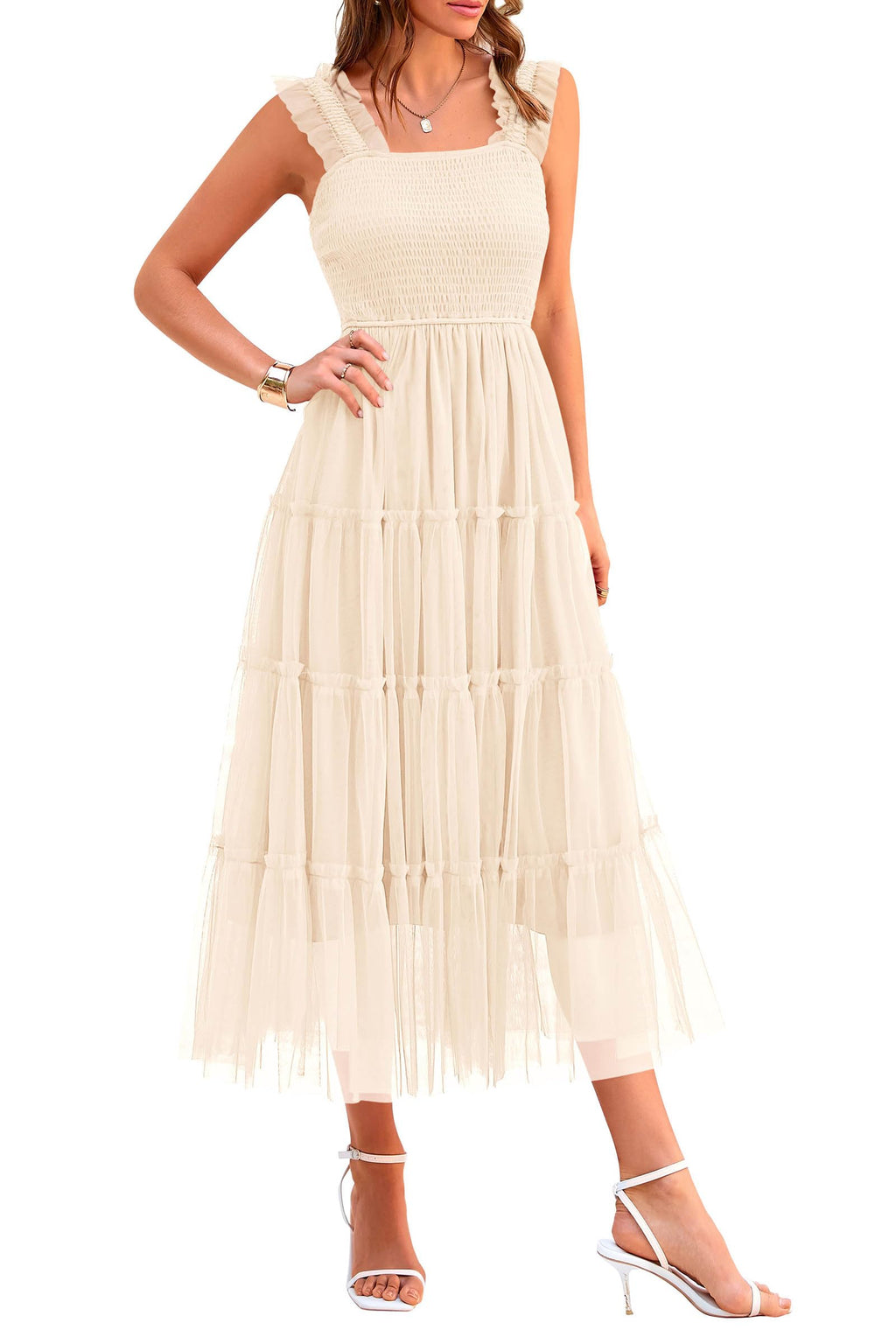 PRETTYGARDEN Women's Summer Tulle Midi Dress Sleeveless Smocked Ruffle Mesh Flowy Dresses Party Wedding Guest Sundress