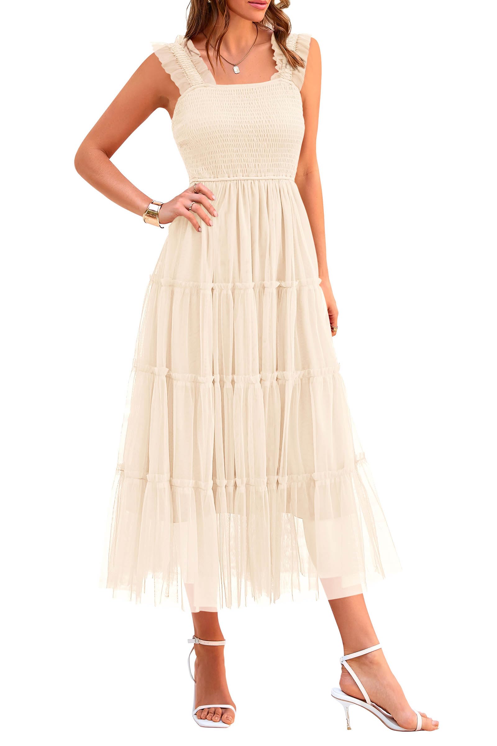 PRETTYGARDEN Women's Summer Tulle Midi Dress Sleeveless Smocked Ruffle Mesh Flowy Dresses Party Wedding Guest Sundress