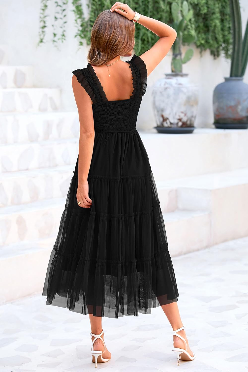 PRETTYGARDEN Women's Summer Tulle Midi Dress Sleeveless Smocked Ruffle Mesh Flowy Dresses Party Wedding Guest Sundress