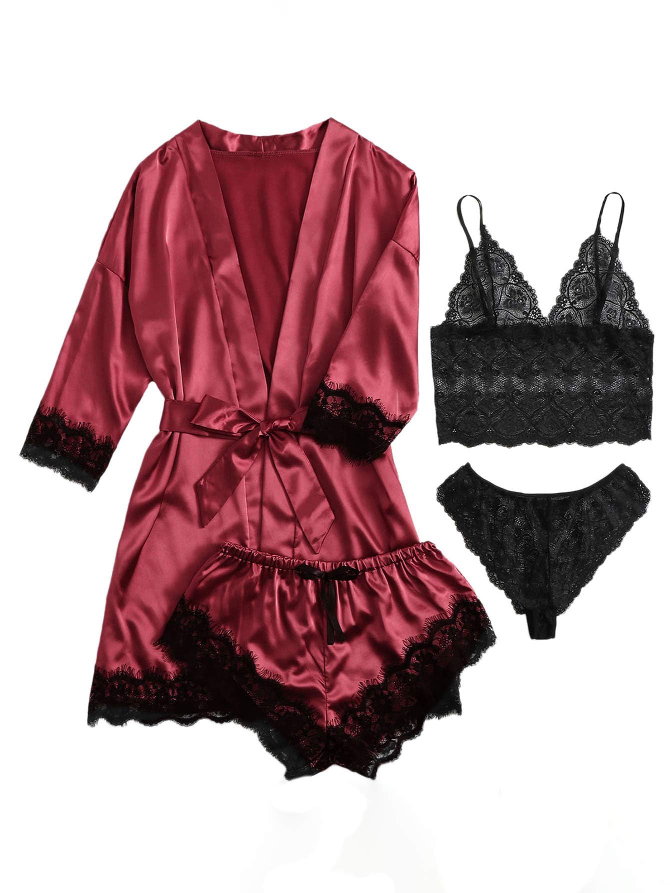 WDIRARA Women' Silk Satin Pajamas Set 4pcs Lingerie Floral Lace Cami Sleepwear with Robe