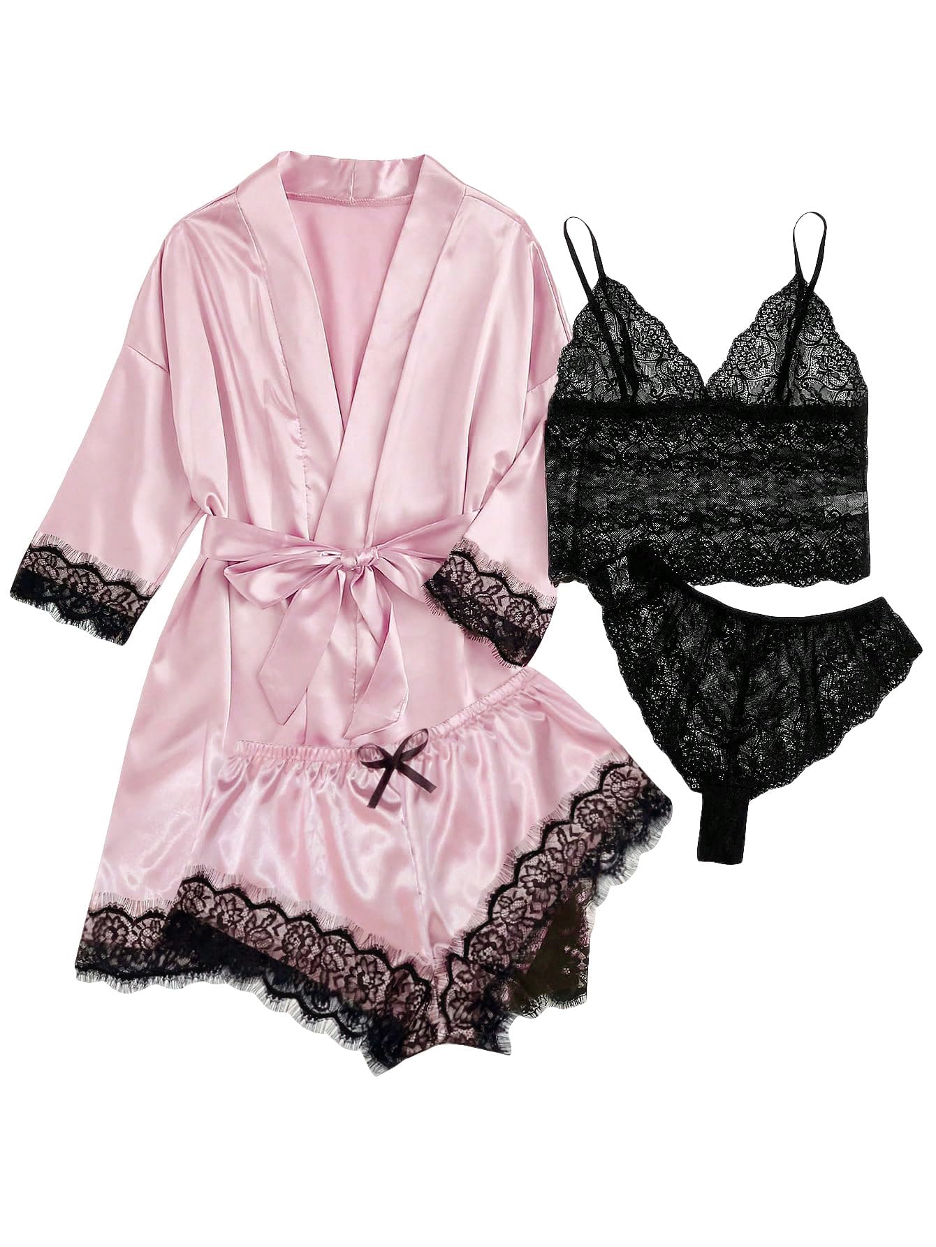 WDIRARA Women' Silk Satin Pajamas Set 4pcs Lingerie Floral Lace Cami Sleepwear with Robe