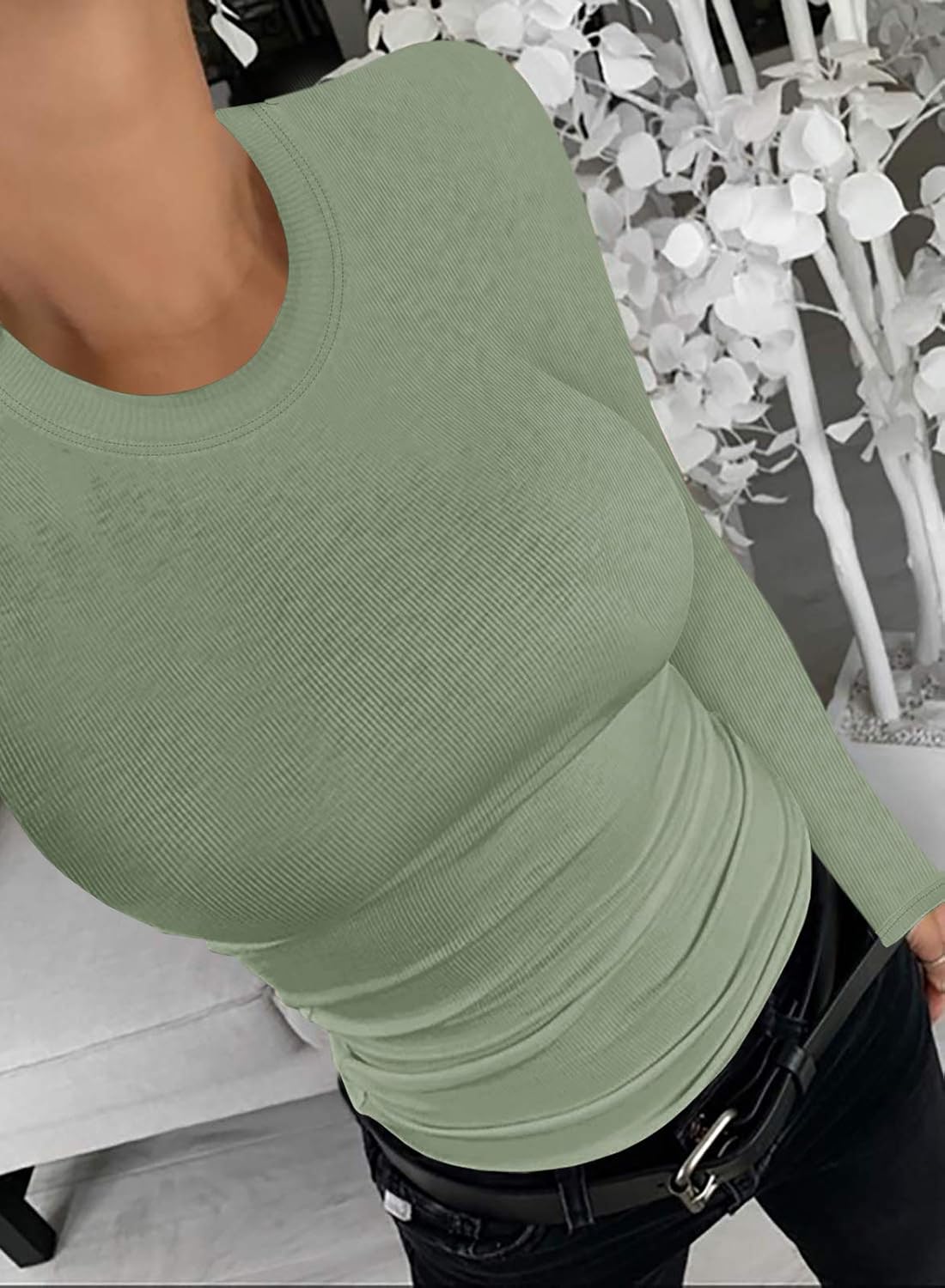 Womens Ribbed Long Sleeve Shirts Tops Fitted Tshirts Basic Slim Fit Tight Tee Shirt Fall Going Out Top 2024