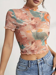 Abstract Print Ruffled Mock Neck Crop T-Shirt | Trendy Streetwear – Bona Fide Fashion