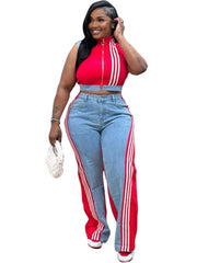 2 Pieces Women's Sets 2025 Spring Summer Denim Sleeveless Suit Tops And Wide Leg Pants Suits Two Piece Set Tracksuit Outfit