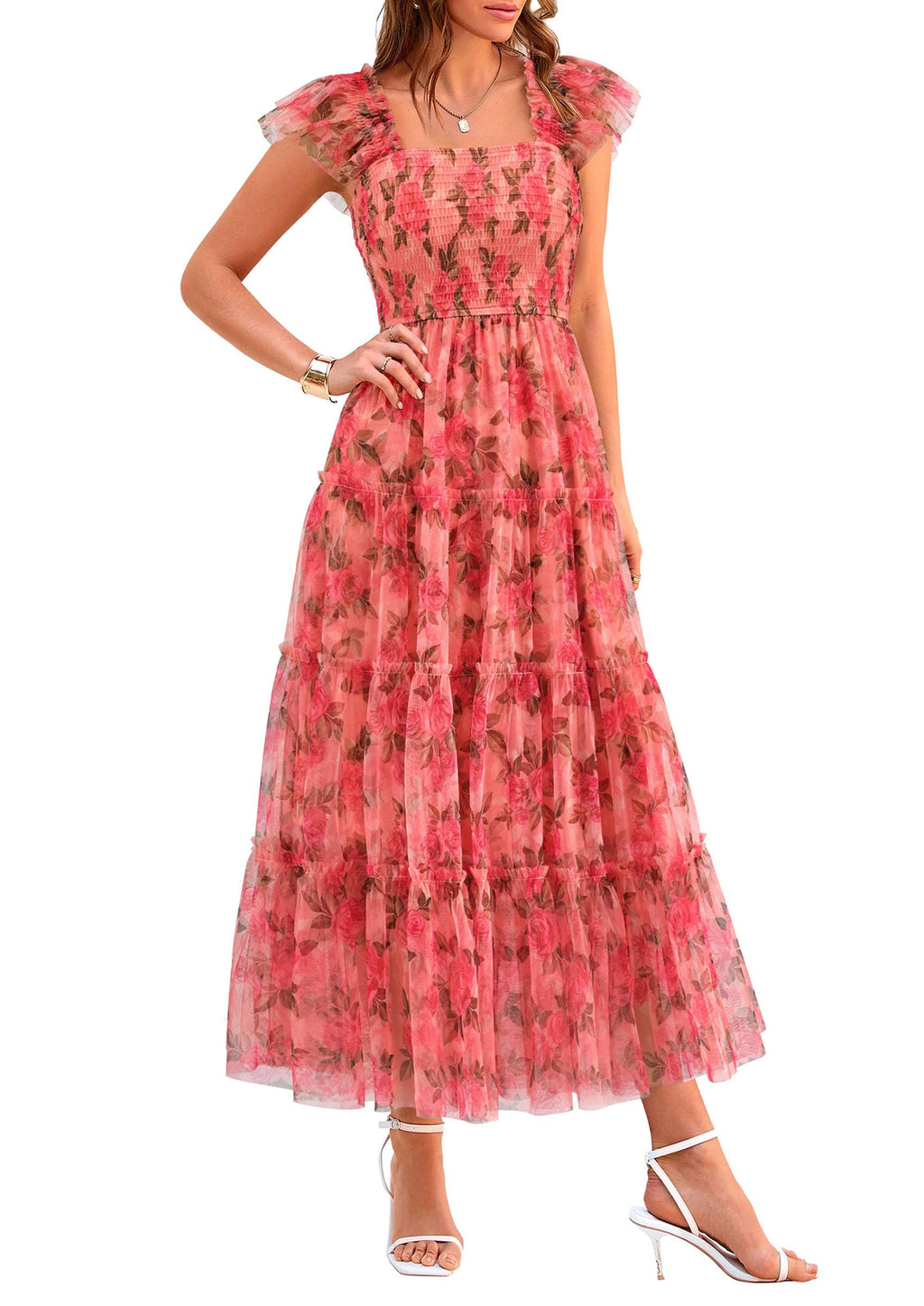 PRETTYGARDEN Women's Summer Tulle Midi Dress Sleeveless Smocked Ruffle Mesh Flowy Dresses Party Wedding Guest Sundress